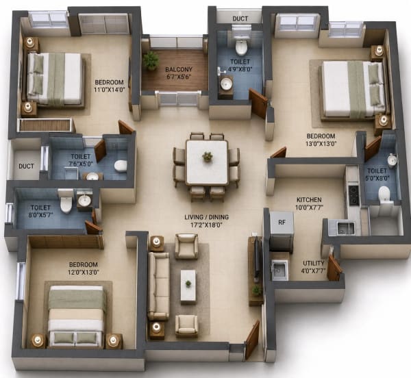 3 BHK Apartment floor plan — VGN Brixton