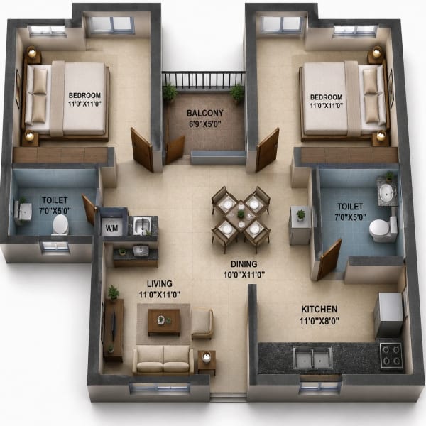 2 BHK Apartment floor plan