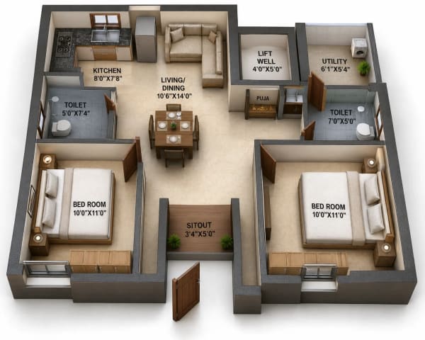 2 BHK Apartment floor plan