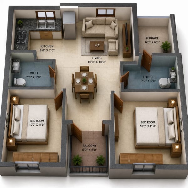 2 BHK Apartment floor plan