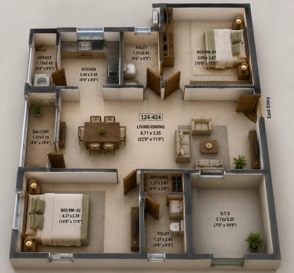 2 BHK Apartment floor plan