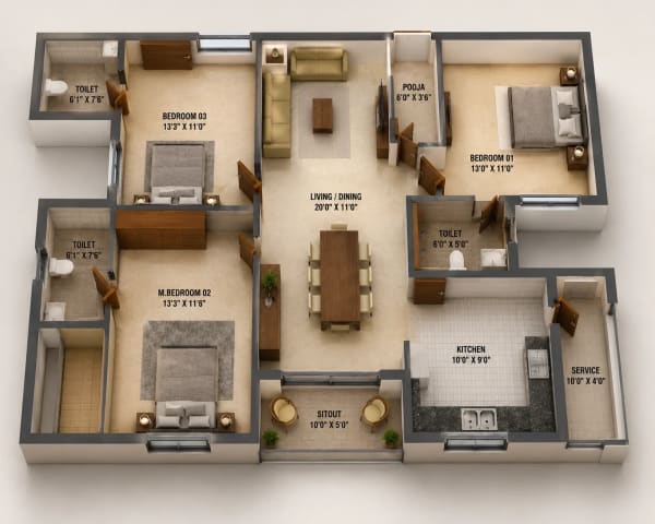 3 BHK Apartment floor plan