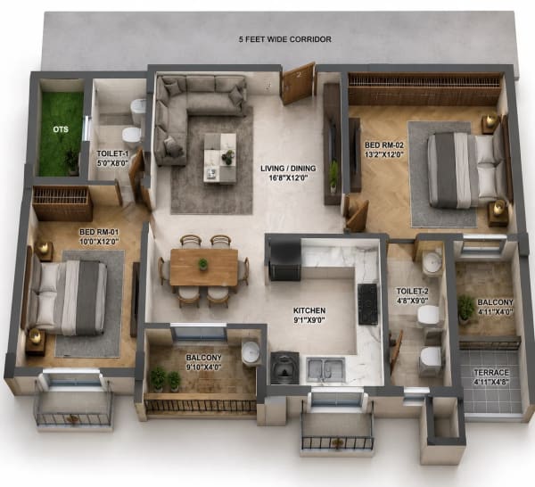2 BHK Apartment floor plan