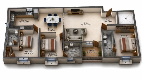 3 BHK Apartment floor plan