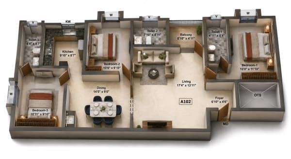 3 BHK Apartment floor plan