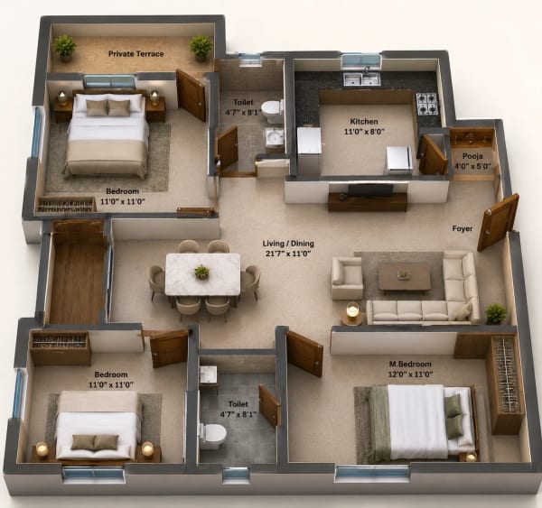 3 BHK Apartment floor plan — MP Varam