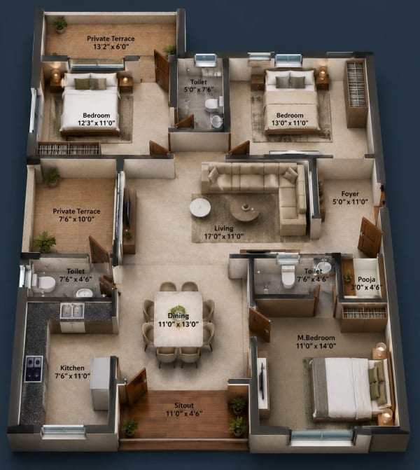3 BHK Apartment floor plan — MP Varam