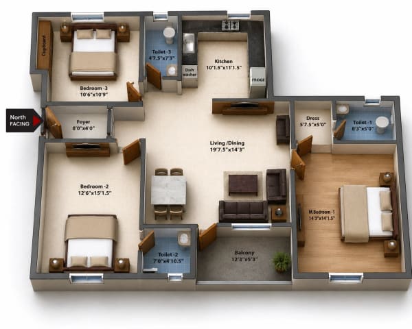 3 BHK Apartment floor plan