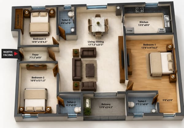 3 BHK Apartment floor plan