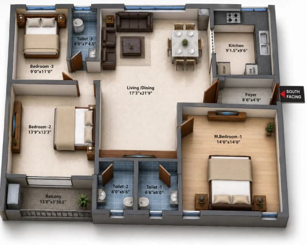 3 BHK Apartment floor plan