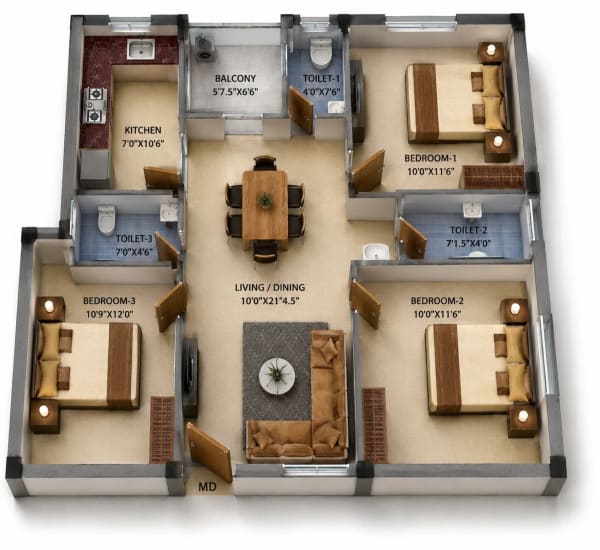 3 BHK Apartment  floor plan — MP Golden Heights