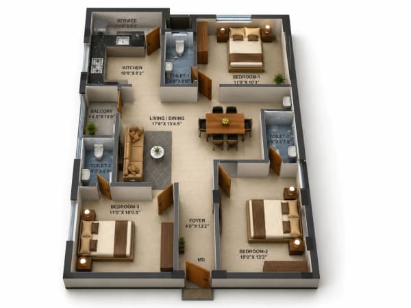 3 BHK Apartment  floor plan — MP Golden Heights