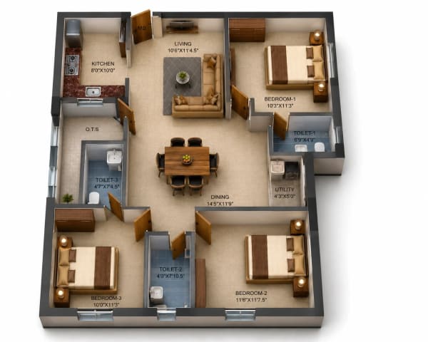 3 BHK Apartment  floor plan — MP Golden Heights