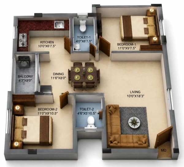 2 BHK Apartment floor plan