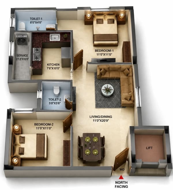 2 BHK Apartment floor plan
