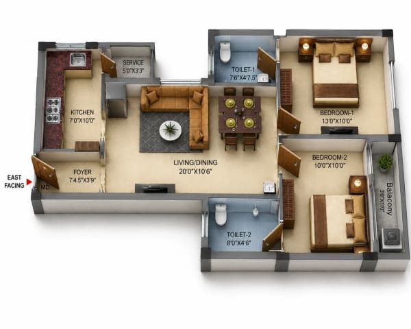 2 BHK Apartment floor plan