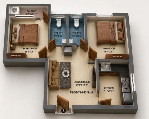 2 BHK Apartment floor plan