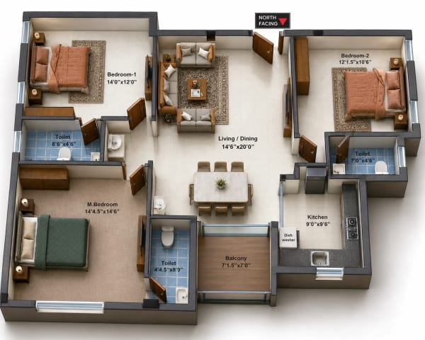 3 BHK Apartment floor plan
