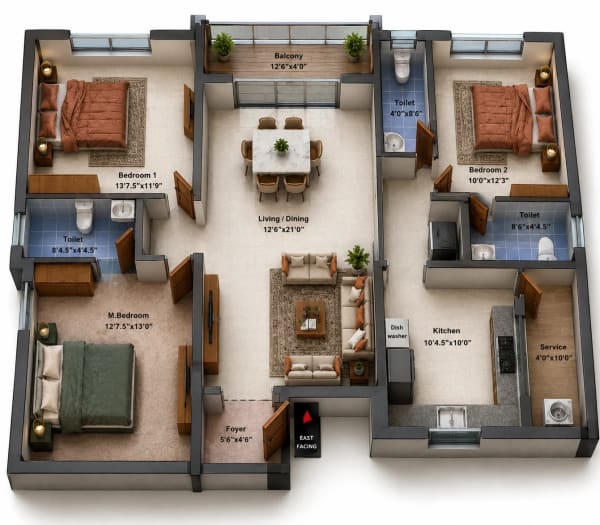 3 BHK Apartment floor plan