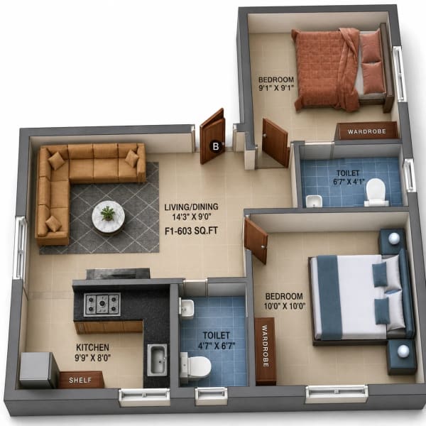 2 BHK Apartment floor plan