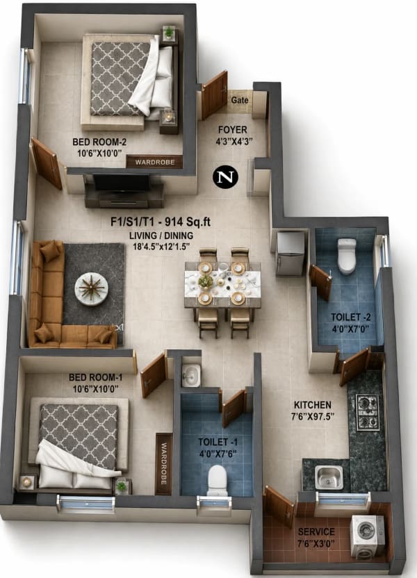 2 BHK Apartment floor plan