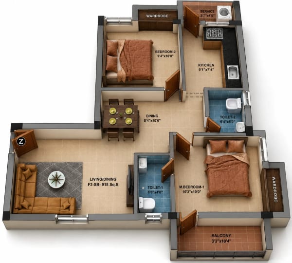 2 BHK Apartment floor plan
