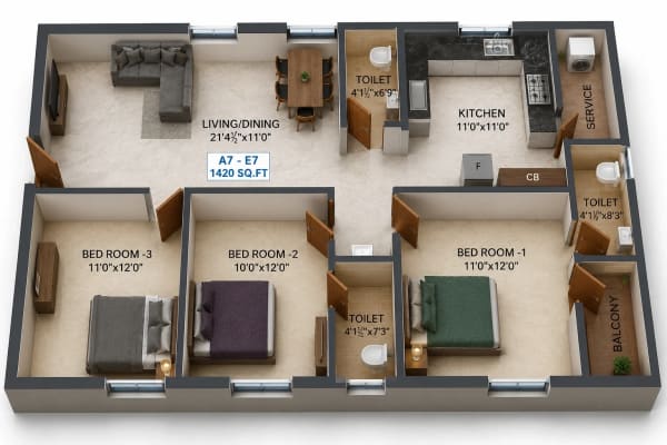 3 BHK Apartment floor plan — 1,420 sqft