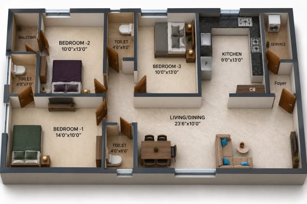 3 BHK Apartment floor plan — 1,450 sqft