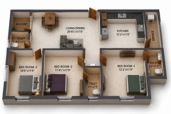 3 BHK Apartment floor plan — 1,440 sqft