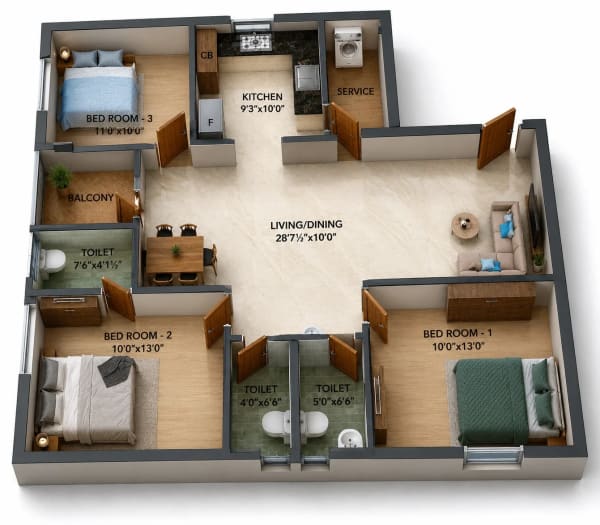 3 BHK Apartment floor plan — 1,455 sqft