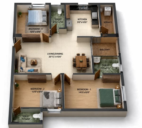 3 BHK Apartment floor plan — 1,315 sqft