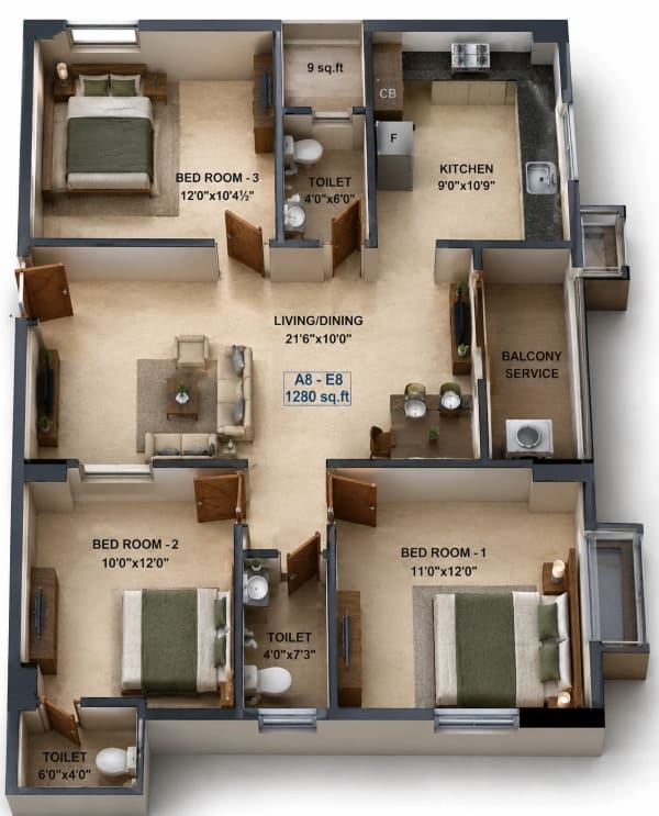 3 BHK Apartment floor plan — 1,280 sqft