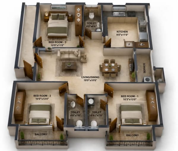 3 BHK Apartment floor plan — 1,455 sqft