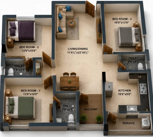 3 BHK Apartment floor plan — 1,450 sqft