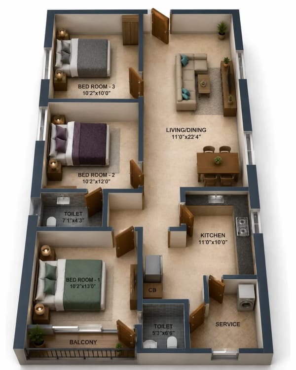 3 BHK Apartment floor plan — 1,420 sqft