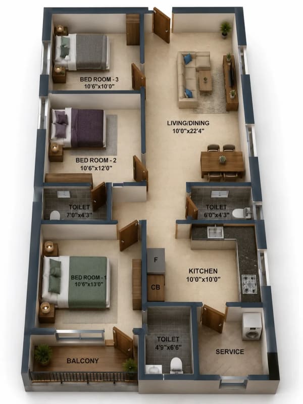 3 BHK Apartment floor plan — 1,350 sqft