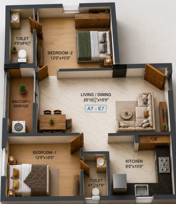 3 BHK Apartment floor plan — 1,515 sqft
