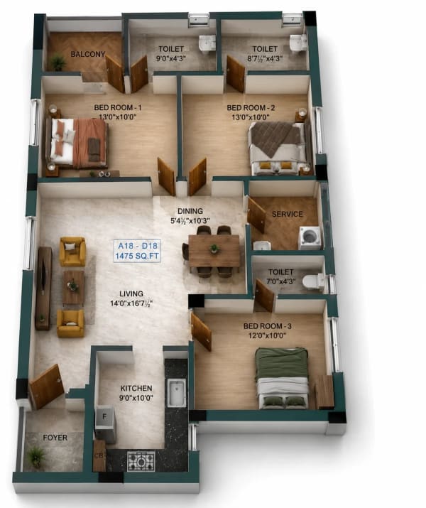 3 BHK Apartment floor plan — 1,475 sqft