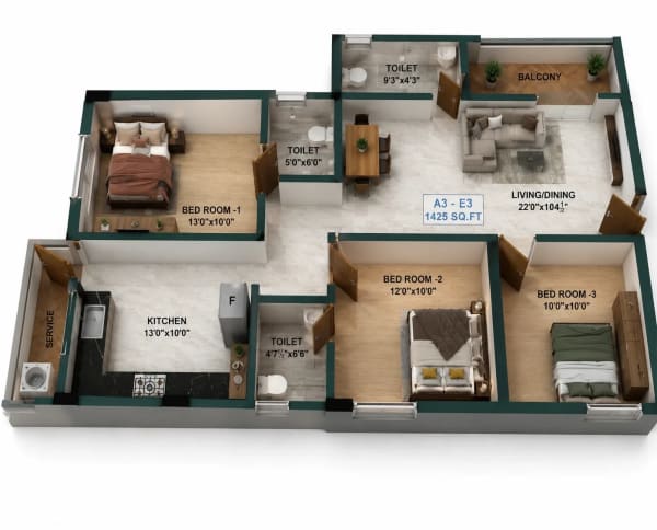 3 BHK Apartment floor plan — 1,425 sqft
