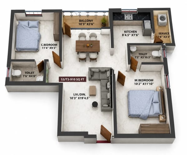 2 BHK Apartment floor plan — Viva Venba