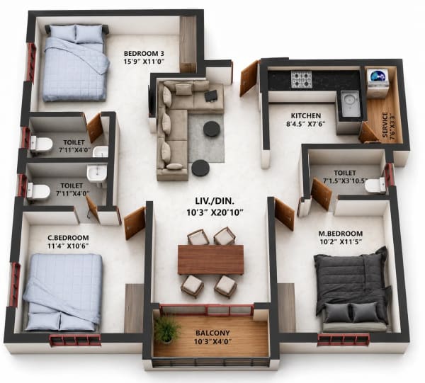 3 BHK Apartment floor plan — Viva Venba