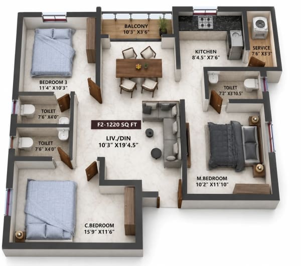 3 BHK Apartment floor plan — Viva Venba