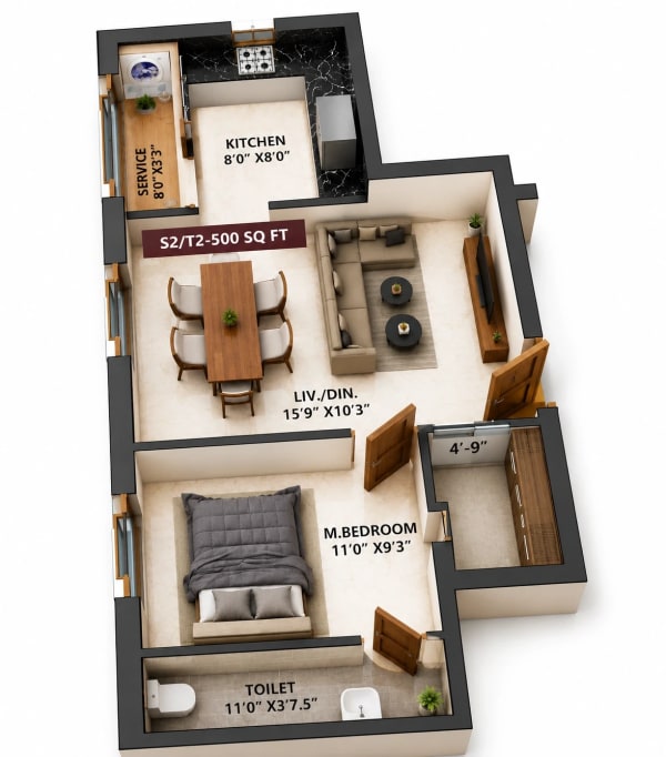 1 BHK Apartment floor plan — 500 sqft
