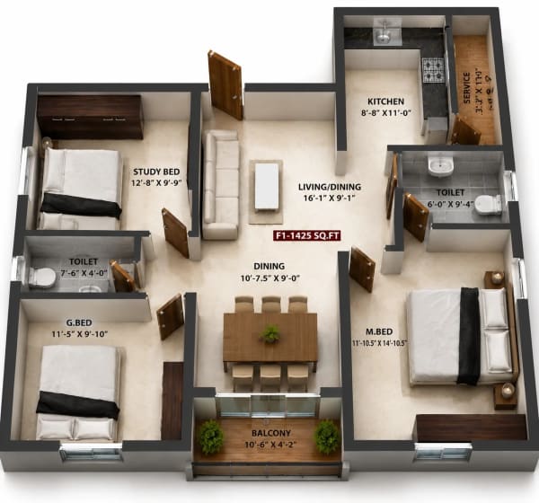 3 BHK Apartment floor plan — Viva Venue