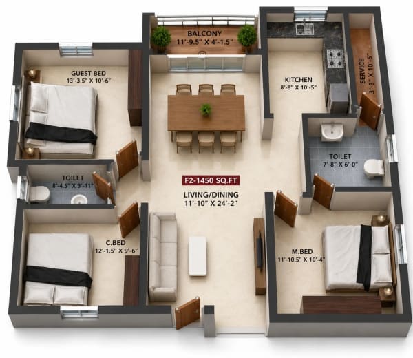 3 BHK Apartment floor plan — Viva Venue