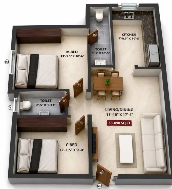 2 BHK Apartment floor plan — 890 sqft
