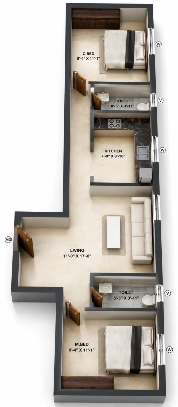2 BHK Apartment floor plan — 950 sqft