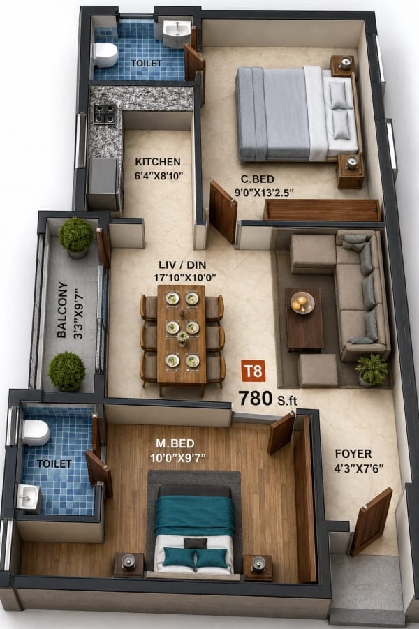 2 BHK Apartment floor plan — 780 sqft