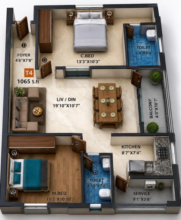 2 BHK Apartment floor plan — 1,065 sqft