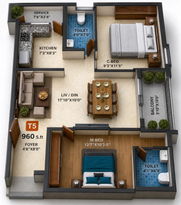 2 BHK Apartment floor plan — 960 sqft
